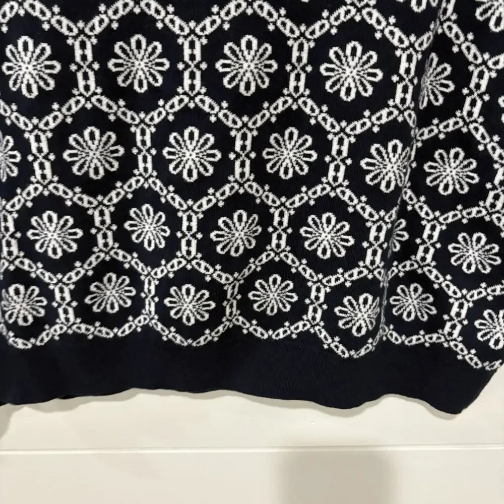 Ann Taylor LOFT | Sweater Floral Short Sleeve Navy White Preppy- Size XL - Picture 3 of 7